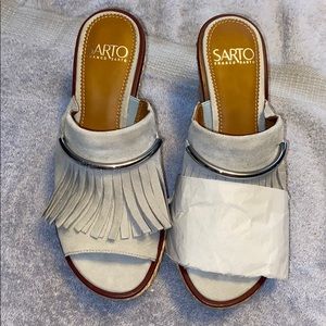 Light blue suede wedges